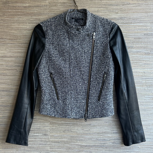 Theory Boucle Tweed Asymmetrical Lambskin Sleeve Moto Jacket Size 2 - Picture 3 of 10
